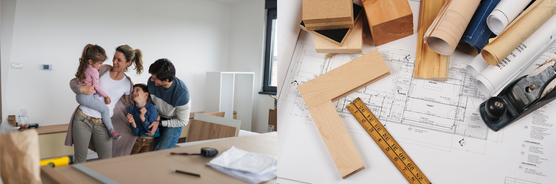 Famille heureuse dans une maison en travaux